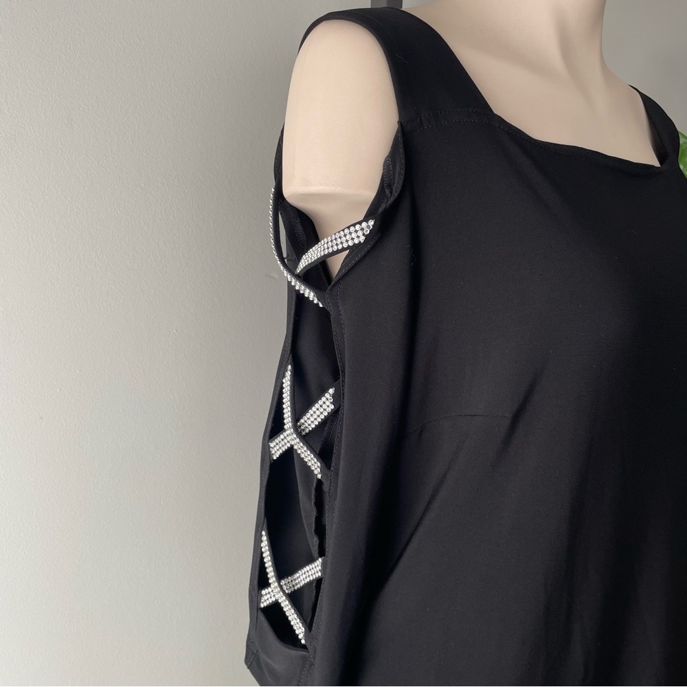 Joseph Ribkoff Cold Shoulder Rhinestone Sleeve Blouse Shirt Top Black Silver - Picture 6 of 8